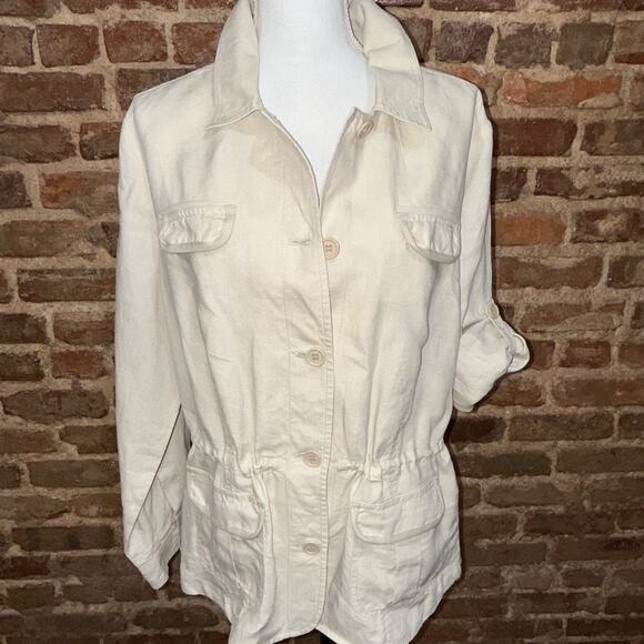 100% Linen Safari Shirt/jacket Utility Coastal Drawstring Waist Roll Tab L EUC - Picture 2 of 13